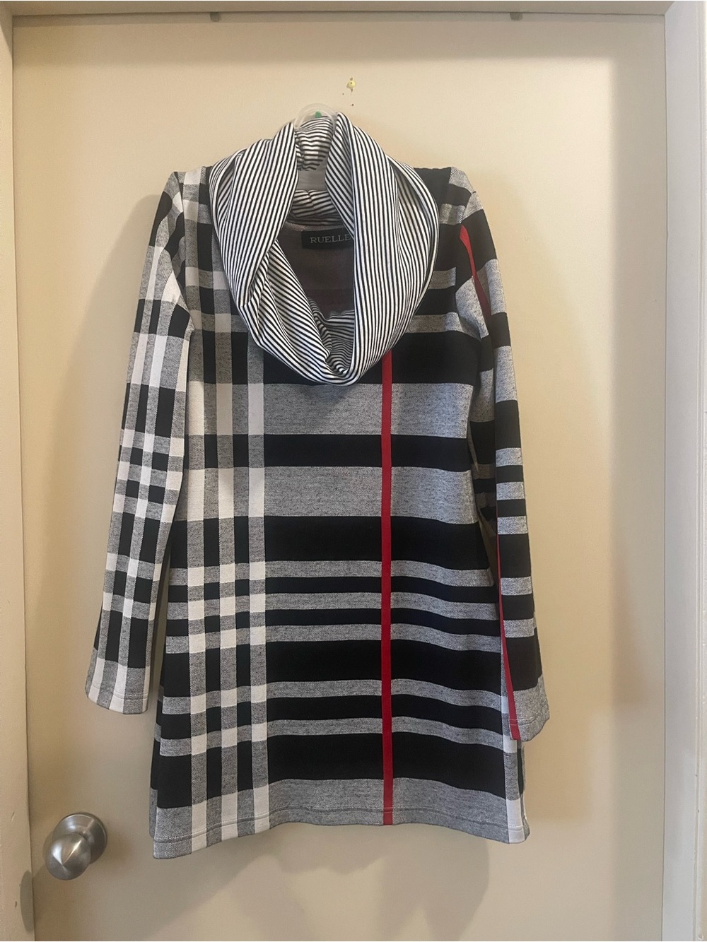Elle Black, Gray & Red Striped Plaid Cowl-Neck Sweater